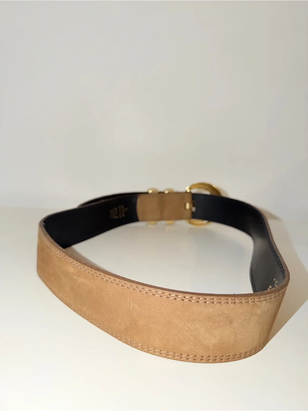 Vtg Express Tan Genuine Leather Suede Waist Belt With Hammered Gold Buckle, Sz L